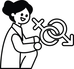 A woman is holding two male symbols in her hands