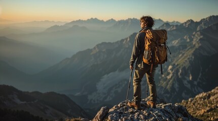 Mountain hiker standing on rocky summit overlooking scenic alpine landscape at golden hour