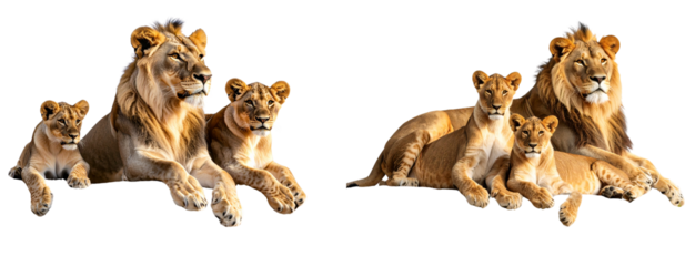 Lion Family Resting on Rock Formation in Golden  ightIsolated on Transparent Background PNG
