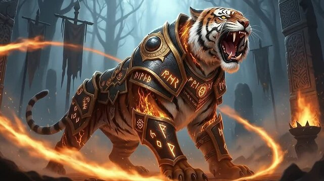 Armored fiery tiger roaring majestic fantasy animal illustration