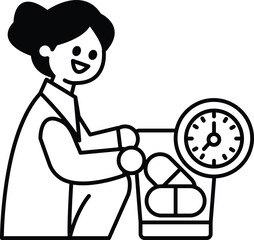 A woman is sitting on a scale with a clock behind her