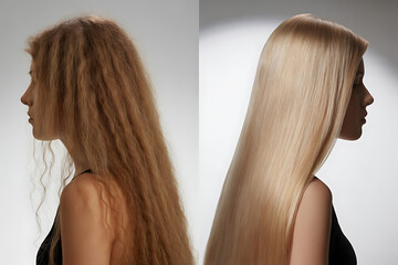 Healthy, glowing skin and long, straight brown hair frame the face of a glamorous fashion model from the back, highlighting her elegant style