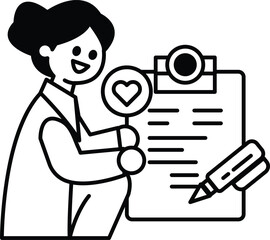 A woman is holding a pen and a heart