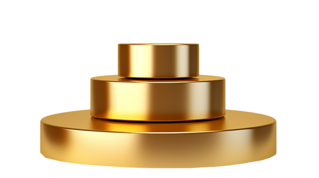Golden three tiered cylinder podium on a transparent background