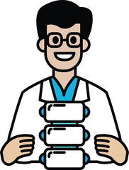 A man in a white lab coat is holding a stack of white boxes