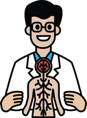 A cartoon doctor is holding a man's arm and pointing to the veins