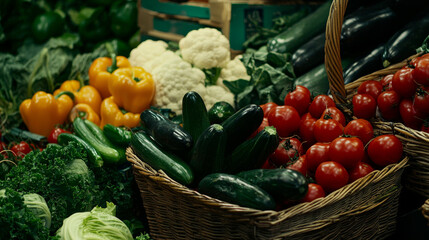 Fresh vegetables in baskets: zucchini, tomatoes, peppers, cauliflower, and leafy greens