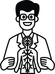 A man in a white lab coat is holding a skeleton and smiling