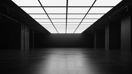 Dark, minimalist interior; gridded ceiling, bright light, concrete floor
