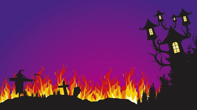 Scarecrow in a burning field with a haunted house and spooky trees in the background. Atmospheric Halloween animation.