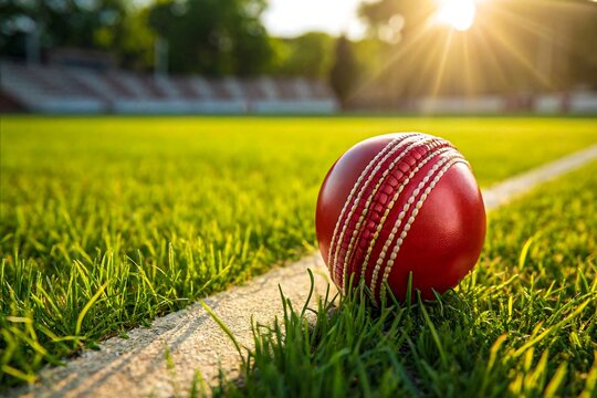 Red cricket ball on green grass field at sunset in outdoor stadium
