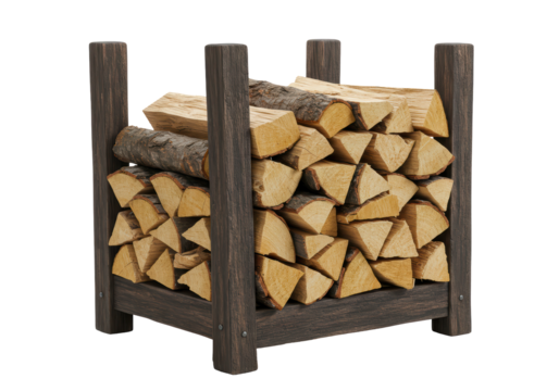 Isolated Dark Wood Firewood Rack with Stacked Logs