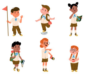 Happy scouts little children cartoon characters enjoying summer vacation with camping adventure