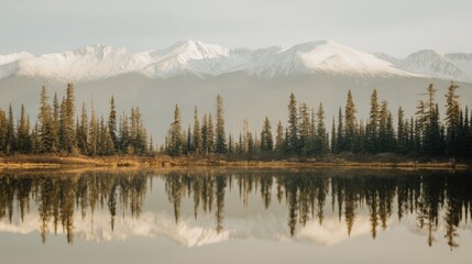 Obraz premium Serene landscape with a calm, reflective lake perfectly mirroring the surrounding scenery, dense line of tall, slender evergreen trees along the shoreline, majestic snow-capped mountains rising into t