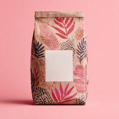Brown paper bag with tropical leaf pattern and blank label on pink background