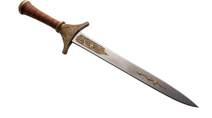 Ornate sword with brown hilt and golden embellishments isolated