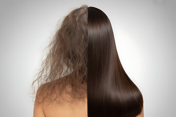 Profile of one young woman with long, straight brown hair, a beautiful and glamorous style