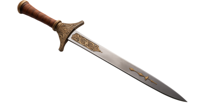 Ornate sword with brown hilt and golden embellishments isolated