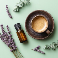 Essential oil, coffee and lavender creating relaxing atmosphere on green background