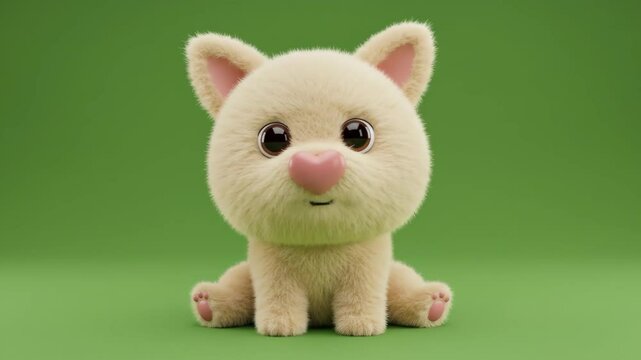 Fluffy Cartoon Kitten with Pink Nose on Green Background