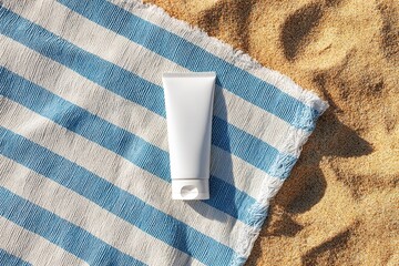 White sunscreen or sunblock tube lying on striped towel at sandy beach