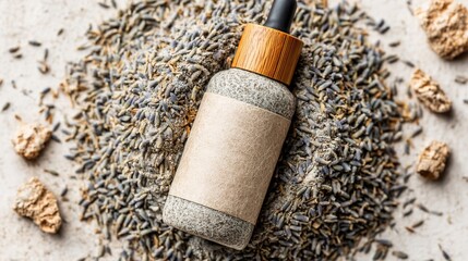 Dropper bottle mockup lying on dried lavender flowers and clay