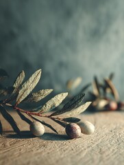 Olive branch with spotted eggs resting on wooden surface