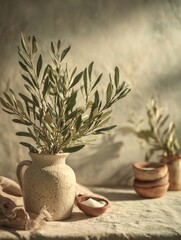 Olive branches in rustic vase with salt and pottery creating mediterranean still life