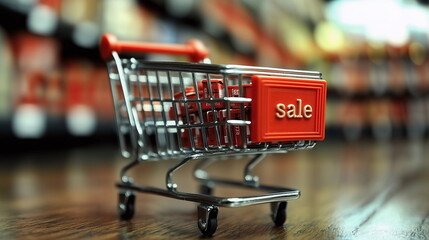 Mini shopping cart filled with promotional items in supermarket aisle during sale event