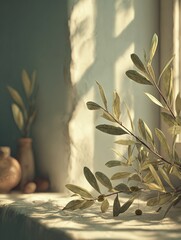Olive branch casting shadows on window sill in sunlight