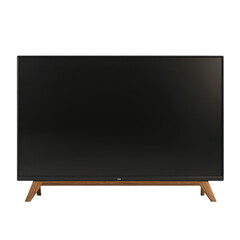 Obraz premium Modern television with wooden stand showcased in a well-lit living room setting