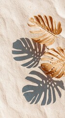 Golden monstera leaves casting shadows on white sand beach