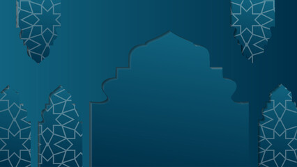 Islam arches mosque windows shape paper cut style background frames in green blue gradient color. Traditional Arabian flat design elements. Moeslem ramadhan ied holiday celebrate template 