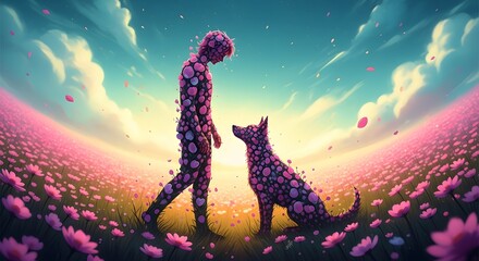 Floral Bond: A surreal digital painting depicting a human and a dog, both composed of blossoming pink flowers, standing together in a field of similar flowers under a vibrant sky.  