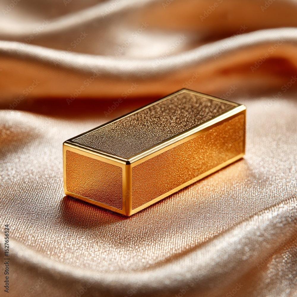 Poster golden luxe: rectangular box resting on shimmering, wavy fabric with intricate textures and warm, el