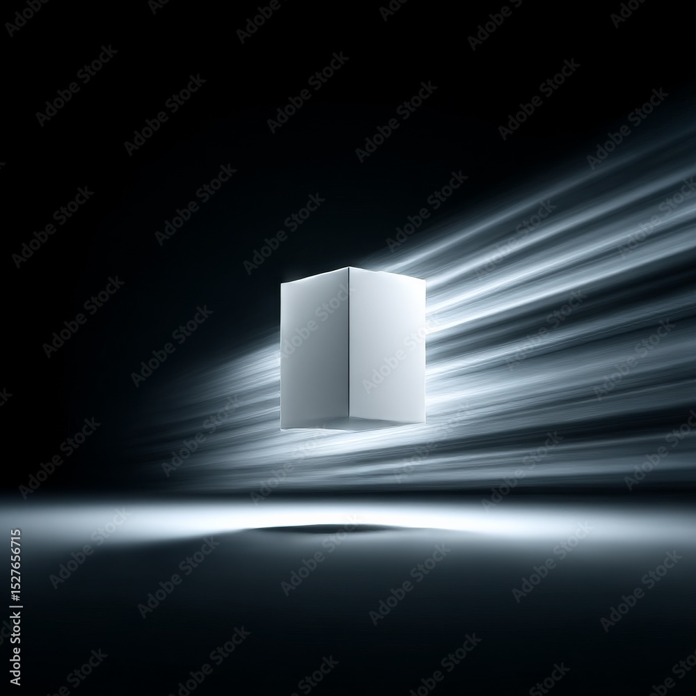 Poster Illuminated Cube: A Minimalist Abstract Composition with Light Streaks in a Dark Environment for Modern Art and Design