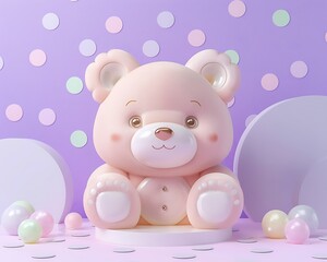 Adorable Pink Teddy Bear Sitting on a Pastel Platform Surrounded by Confetti and Balloons