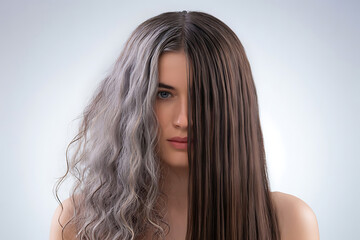 Brunette woman model with long straight healthy hair and glamour makeup in studio