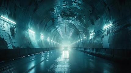 Solitary Car Driving Through a Wet Neon Lit Tunnel at Night