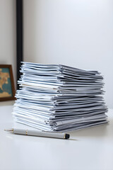 a stack of papers on the table, a ballpoint pen lies nearby
