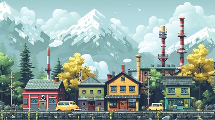 Charming Pixel Art Town Landscape Featuring Colorful Houses and Factory Chimneys Against a Mountain Background