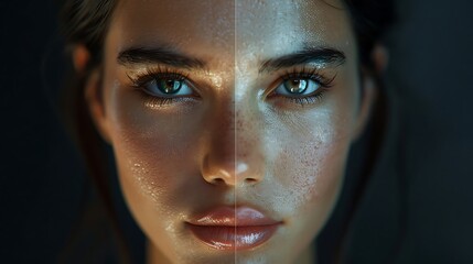 Close up Portrait of a Young Woman's Face Showing Two Different Lighting Effects and Skin Textures