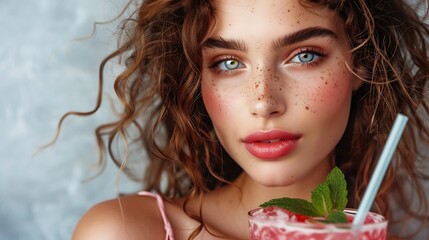 Beautiful Woman with Freckles and Curly Hair Enjoying a Refreshing Summer Drink