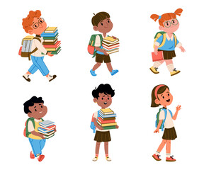 Cute elementary boys and girls kids in uniform with backpacks carrying books to school set