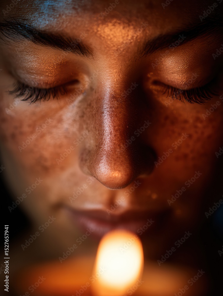 Aufkleber Calm Meditation Practice With Closed Eyes and Candlelight Creating a Serene Atmosphere for Deep Relaxation and Mindfulness