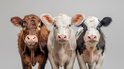 Three Adorable Calves Pose for a Studio Portrait Showing Their Unique Colors Brown White and Black