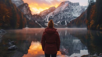 Woman in Warm Jacket Admiring Breathtaking Autumn Mountain Lake Sunset View