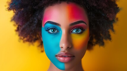 A Young Woman's Face is Beautifully Painted with Vibrant Colors Against a Yellow Background