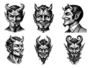 Obraz premium Laughing Devils and Demons Set collection bundle sketch engraving generative ai PNG illustration. Scratch board imitation. Black and white image.