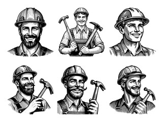 construction worker in hard hat Set collection bundle sketch engraving generative ai PNG illustration. Scratch board imitation. Black and white image.